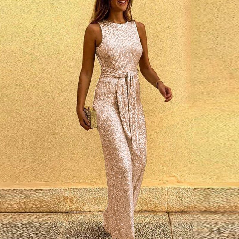 Sleeveless, high-neck sequin wide-leg jumpsuit with a flattering waist tie, ideal for formal & special occasions.