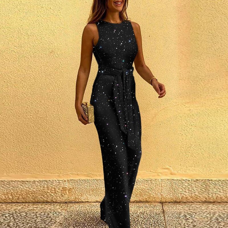 Elegant women's shimmering sequin wide-leg jumpsuit with a defined waist tie, perfect formal attire with a luxurious feel.