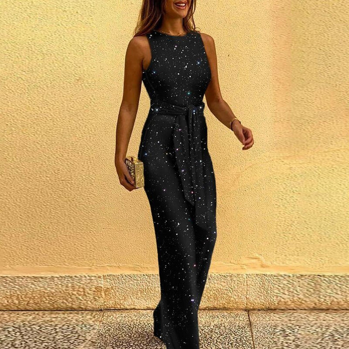 Elegant women's shimmering sequin wide-leg jumpsuit with a defined waist tie, perfect formal attire with a luxurious feel.