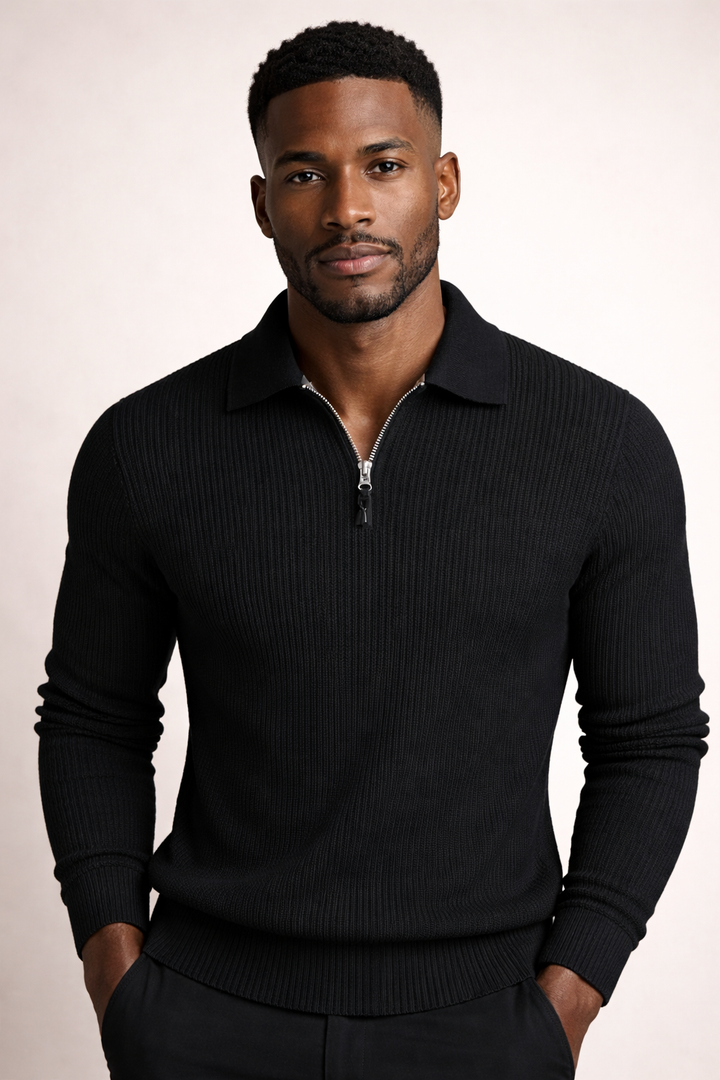 Men's fall/winter quarter zip ribbed sweater, a stylish knitwear layering piece for refined casual looks.