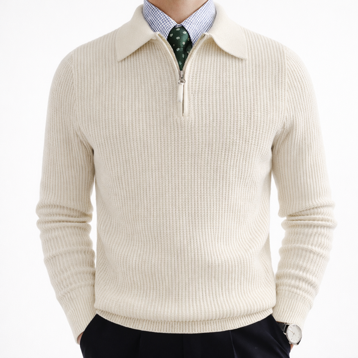 Close-up of men's modern ribbed knit quarter zip sweater, showcasing texture & collared design.