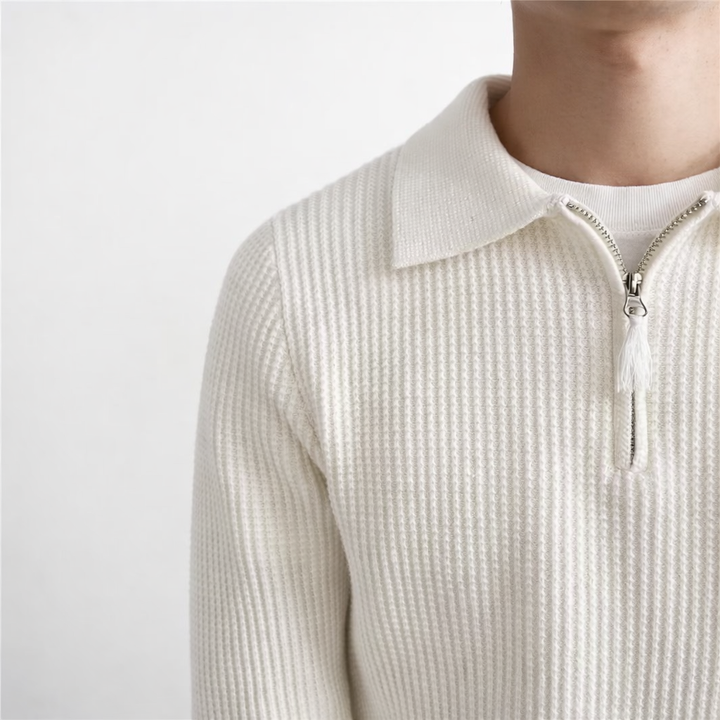 Versatile men's quarter zip ribbed pullover knitwear, perfect for everyday wear & modern men's fashion.