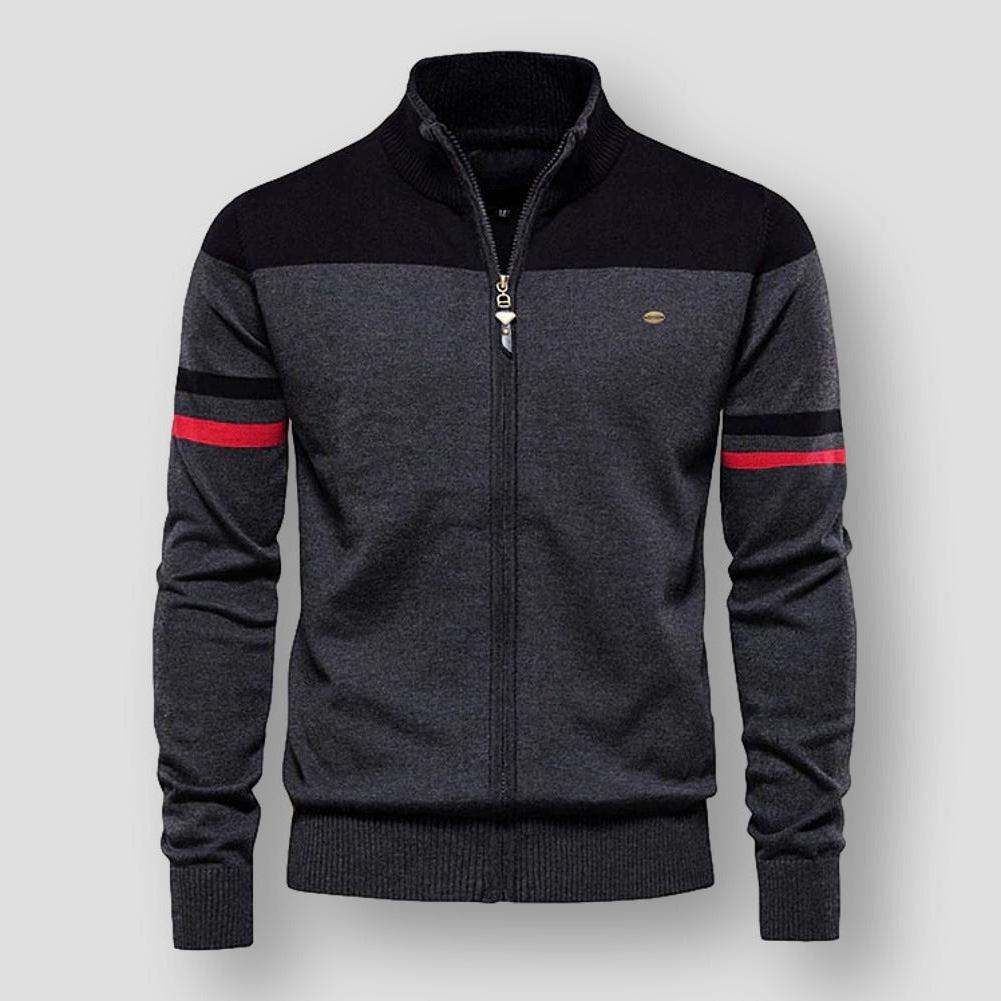 Stylish men's color block zip-up jacket, a modern long-sleeve outerwear piece for contemporary men's fashion.