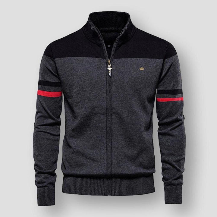 Stylish men's color block zip-up jacket, a modern long-sleeve outerwear piece for contemporary men's fashion.