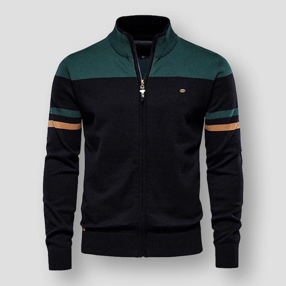 Casual men's zip-up jacket with a bold color block pattern. Comfortable long-sleeve outerwear for modern men.
