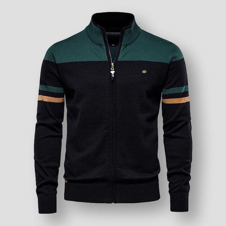 Casual men's zip-up jacket with a bold color block pattern. Comfortable long-sleeve outerwear for modern men.