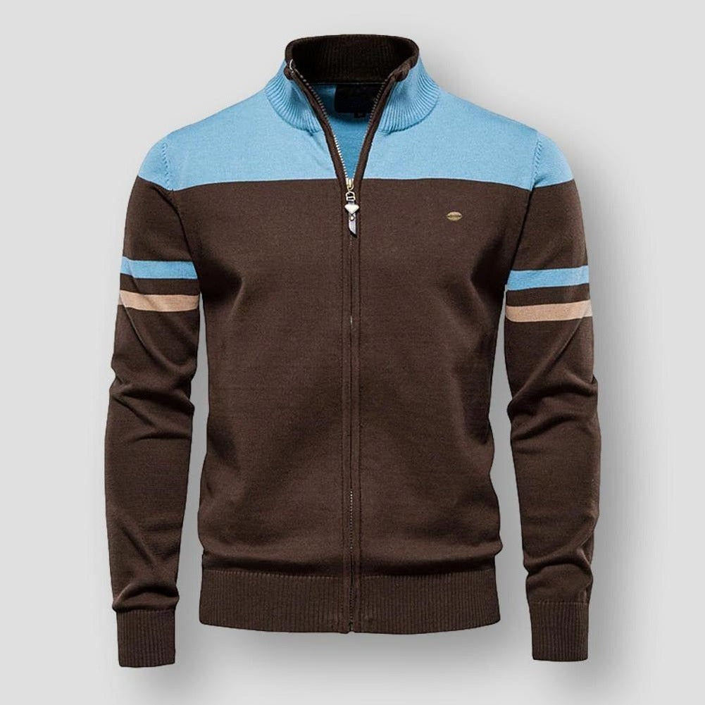 Men's modern color block zip-up jacket. Stylish casual outerwear with long sleeves for comfort. Ideal men's fashion.