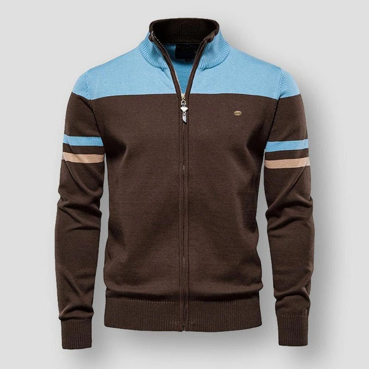 Men's modern color block zip-up jacket. Stylish casual outerwear with long sleeves for comfort. Ideal men's fashion.