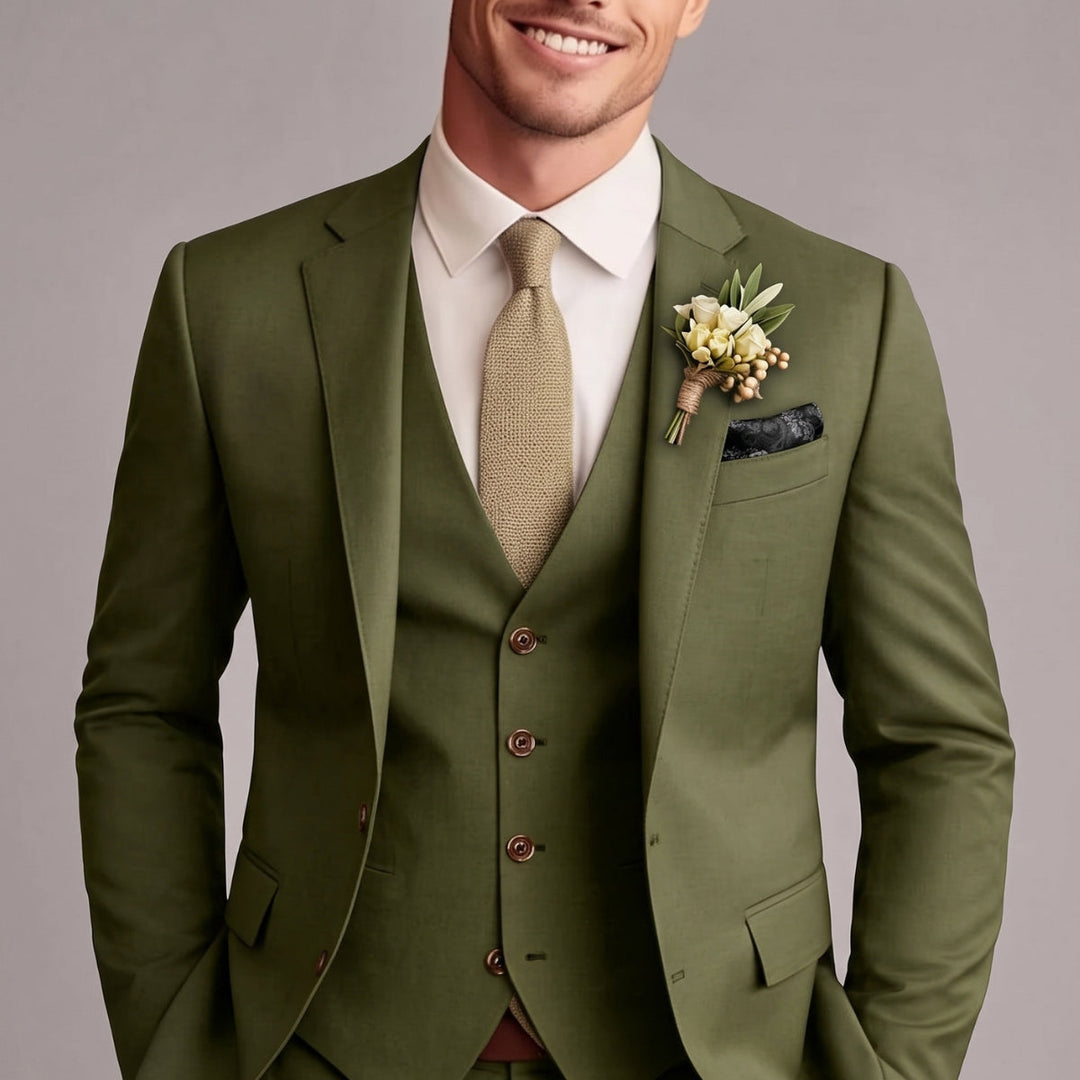 Men's classic tailored three-piece solid suit. Ideal formal wear for weddings, business, and elegant events.