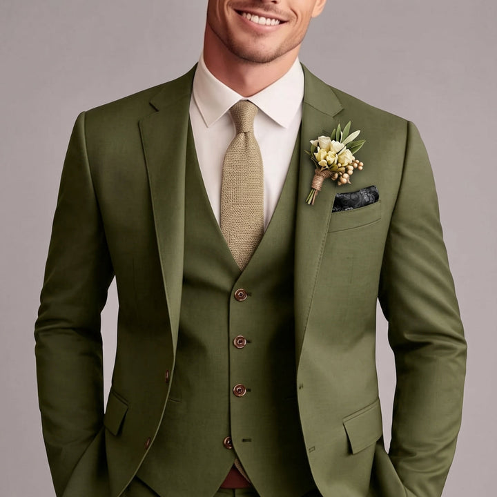 Men's classic tailored three-piece solid suit. Ideal formal wear for weddings, business, and elegant events.