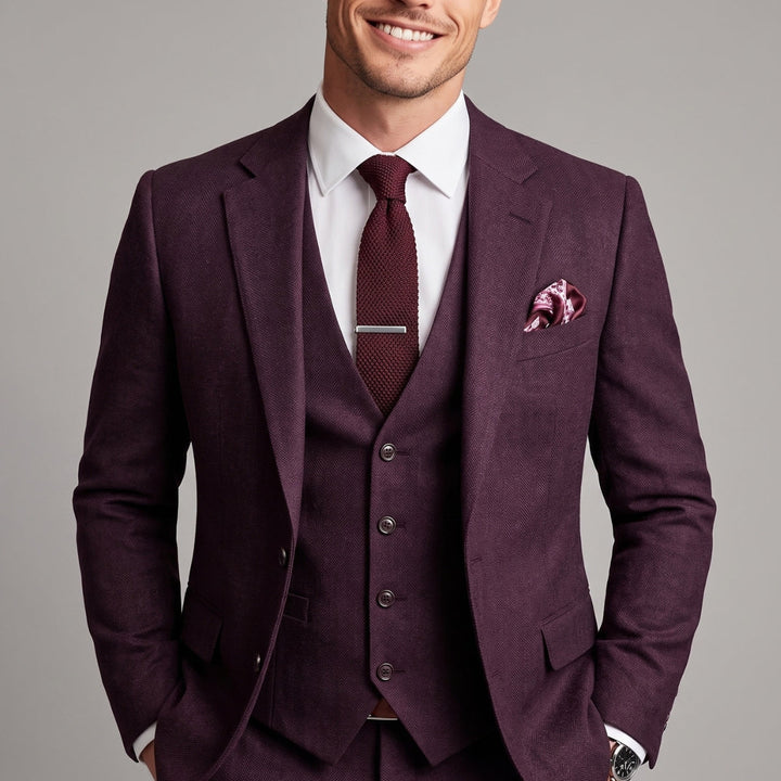 Professional men's solid three-piece suit. Tailored for comfort and style, suitable for business & evening wear.
