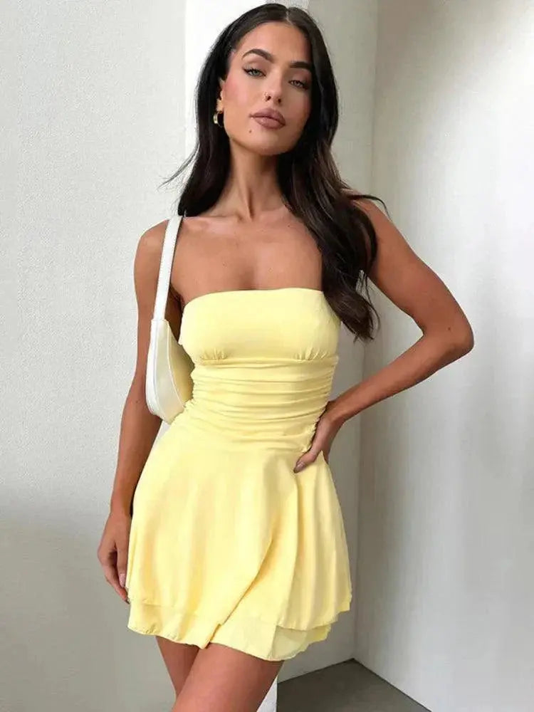Elegant women's strapless mini dress for formal summer party occasions.