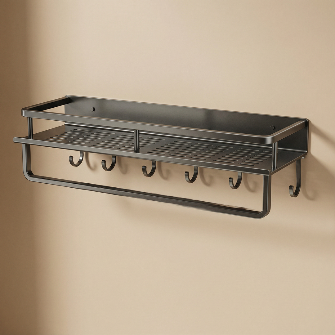 Contemporary gray metal kitchen decor shelf, providing wall storage and utility hooks for a well-organized space.