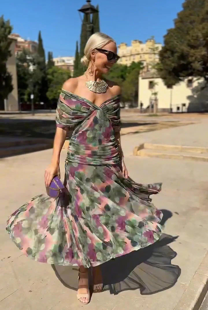 Formal women's V-neck wrap long dress with elegant sheer sleeves. Great for spring/summer style.