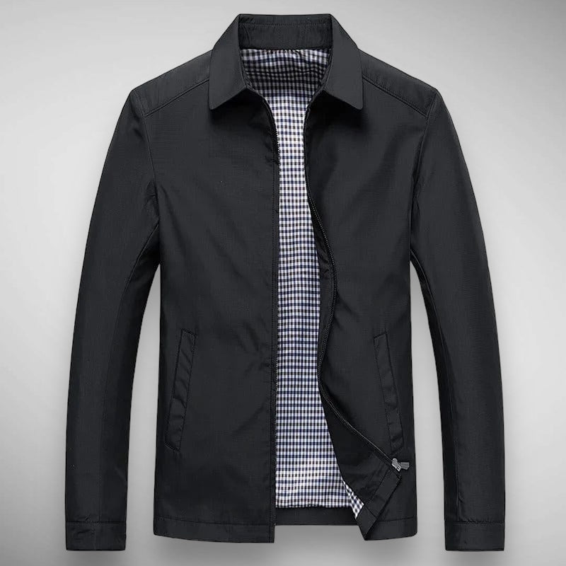 Men's stylish zip-up collared jacket with subtle plaid accent. Perfect for casual spring & autumn wear.