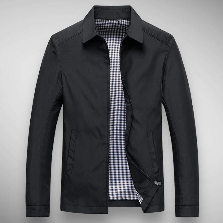 Men's stylish zip-up collared jacket with subtle plaid accent. Perfect for casual spring & autumn wear.