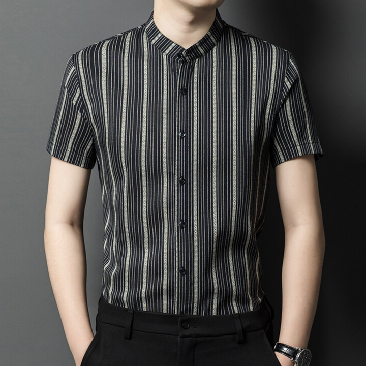 Men's vertical stripe short sleeve button-up shirt in a tailored fit. Perfect for smart casual summer style.