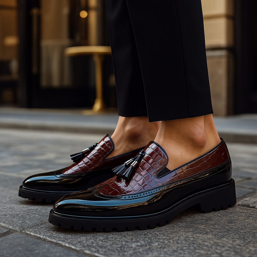Detail shot of the tassels on men's luxury croc-embossed loafers, highlighting refined craftsmanship.