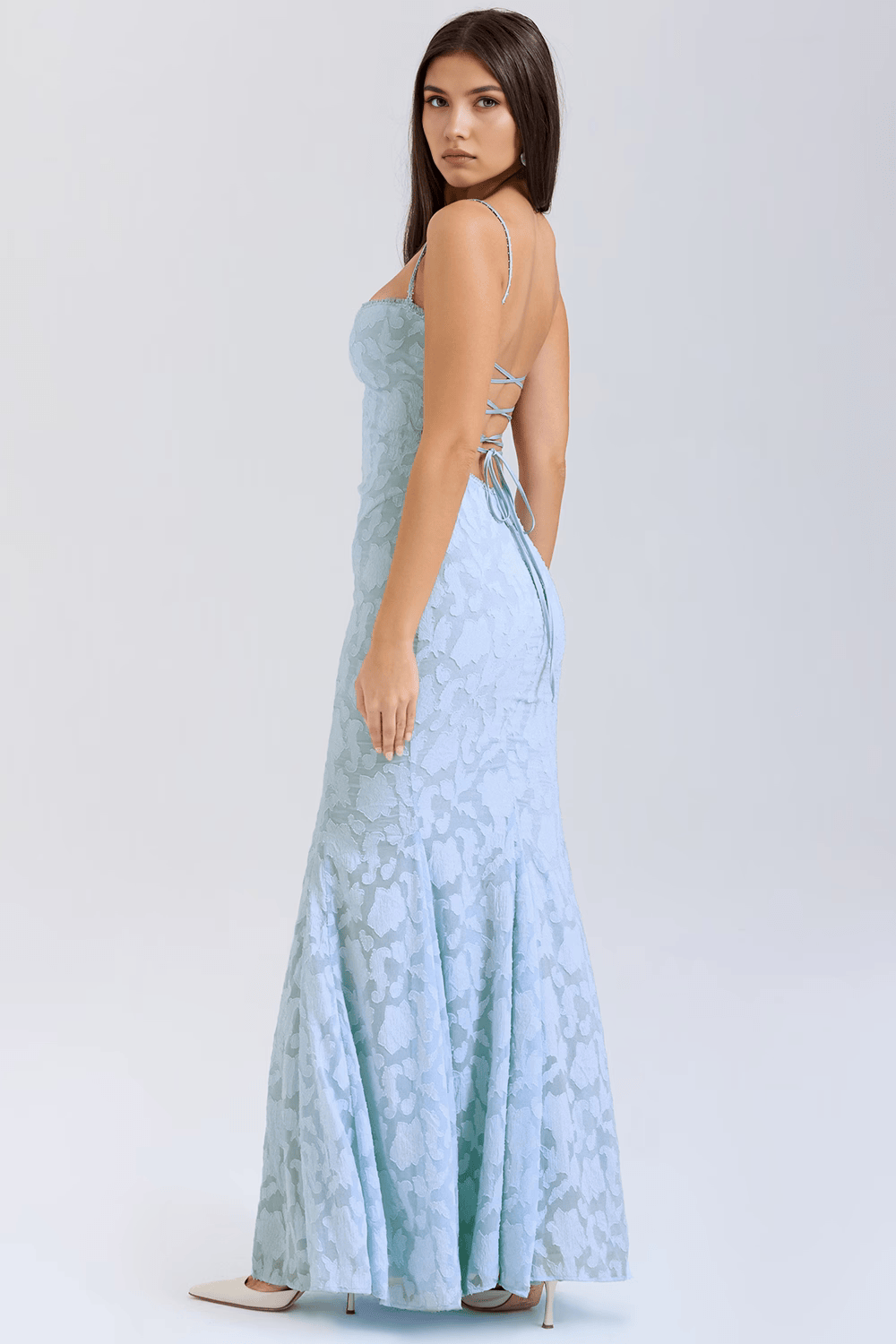Modest women's flowing maxi dress with an elegant summer silhouette, suitable for daytime, evening, or vacation.
