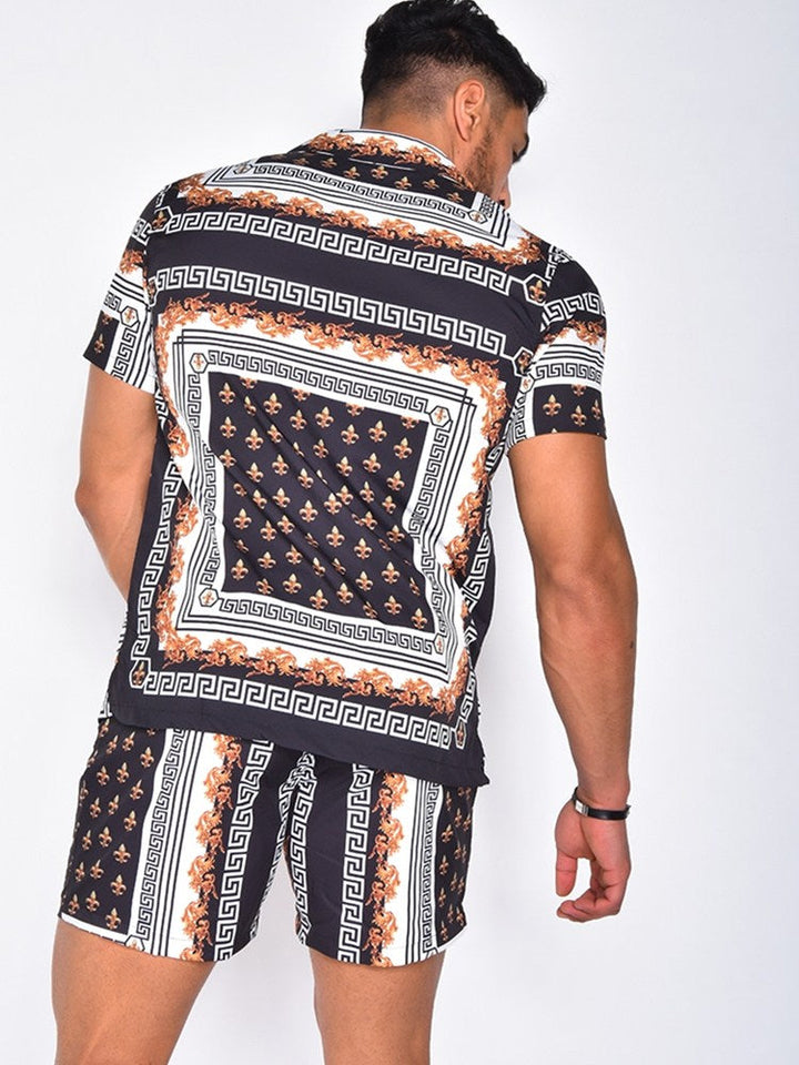 Men's stylish casual summer outfit. Short sleeve top & matching shorts for beach, travel, & comfort.