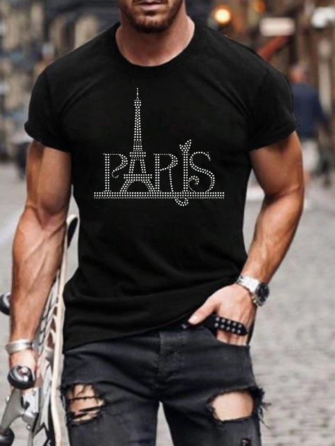 Men's black party wear tee, slim fit, with a striking rhinestone crown graphic. Statement shirt.