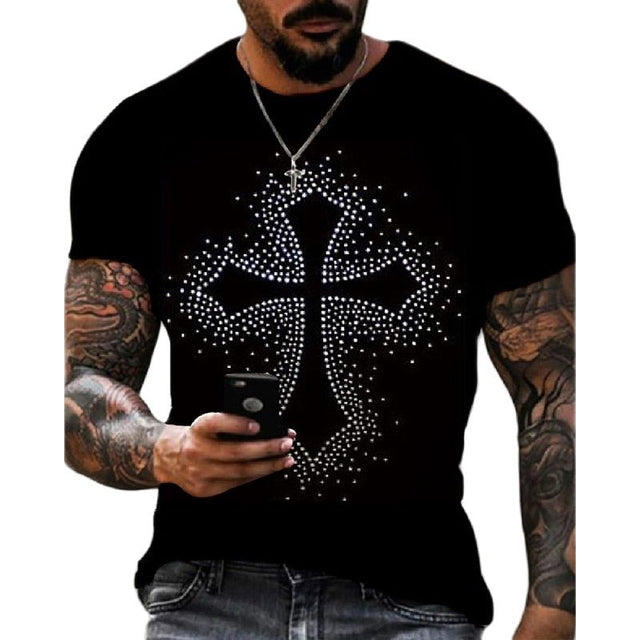Men's black slim fit streetwear t-shirt with a prominent rhinestone crown logo. Short sleeve.