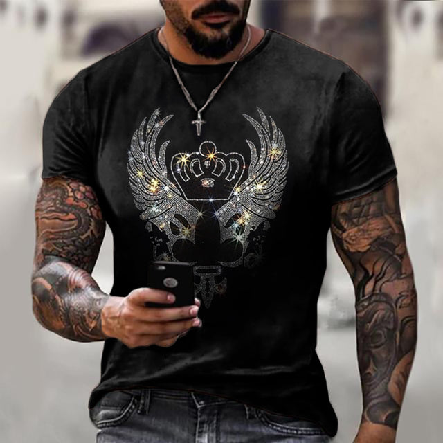 Trendy men's black short sleeve t-shirt, slim fit, featuring a brilliant rhinestone crown graphic.