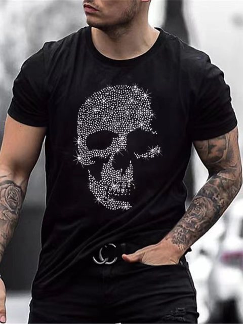 Detailed image of a men's black t-shirt's rhinestone crown, emphasizing the shimmering design.