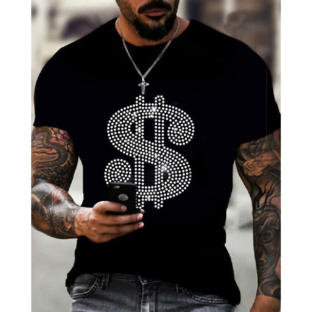 Front view of a men's black slim fit t-shirt, adorned with a dazzling rhinestone crown.