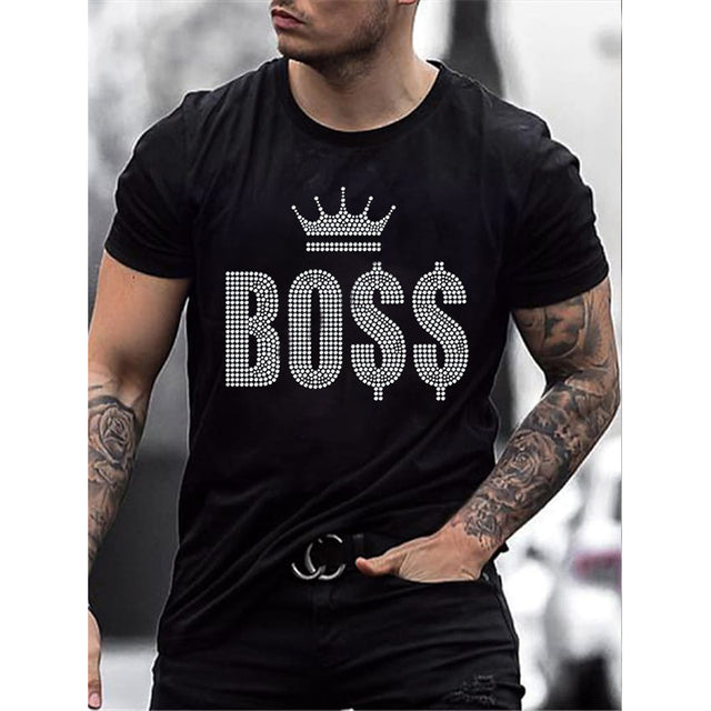 Men's black slim fit t-shirt featuring a sparkling rhinestone crown graphic. Perfect for parties.