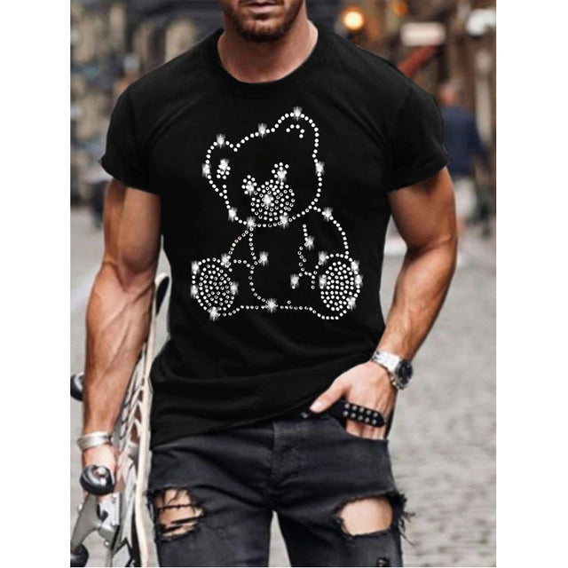 Fashionable men's black slim fit tee with a bold rhinestone crown design. Great for casual wear.