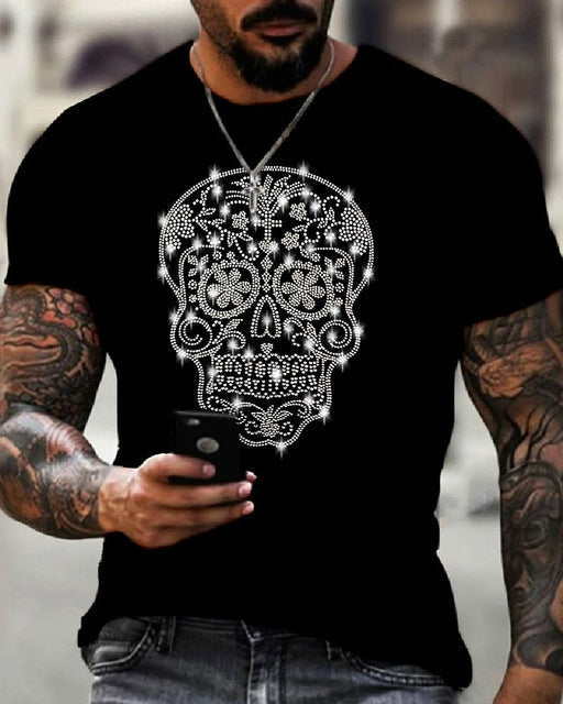 Black men's casual wear t-shirt with a glittering rhinestone crown, slim fit for modern style.