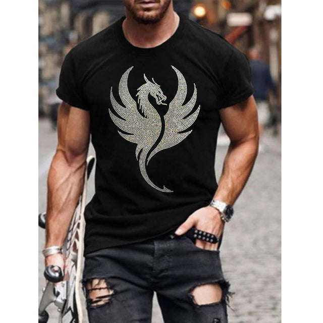 Close-up of a men's black short sleeve slim fit t-shirt, detailed with a rhinestone crown.