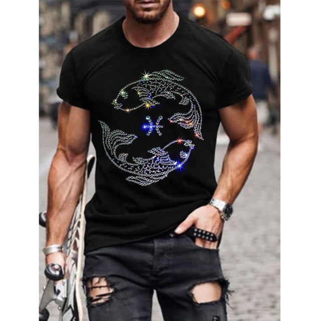 Stylish men's black graphic tee with a shimmering rhinestone crown logo, ideal for streetwear.