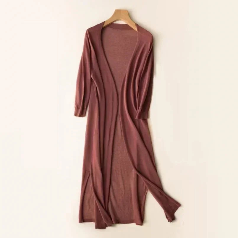 Gray women's open front long cardigan, soft & comfortable everyday outerwear for all seasons.