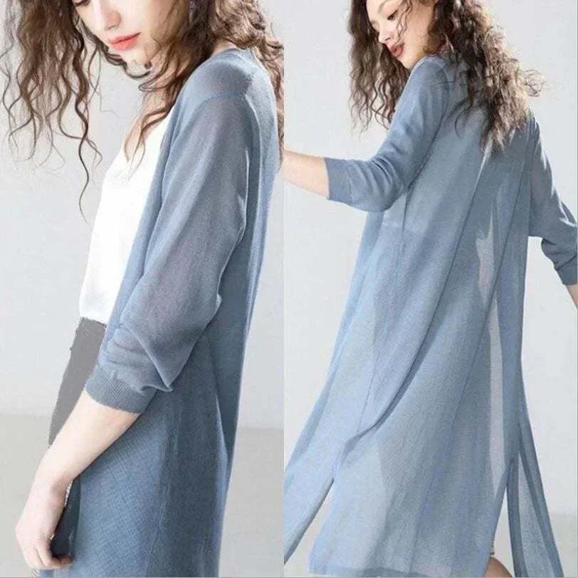 Comfortable women's long open front cardigan in relaxed fit, perfect fall fashion outerwear.