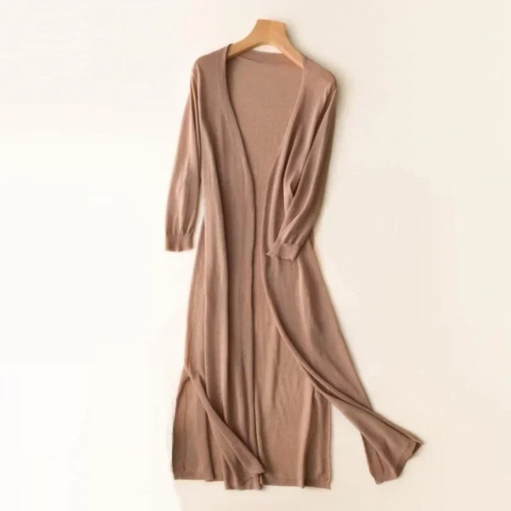 Women's comfortable long open front cardigan, perfect for spring layering or elegant fall outerwear.