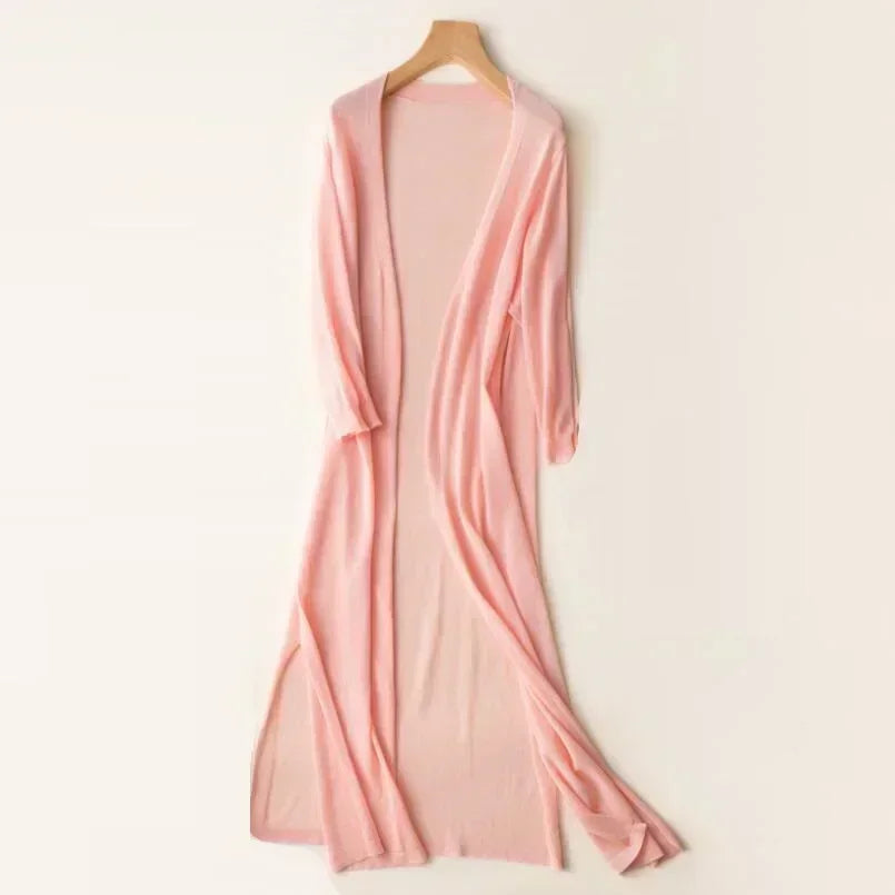 Flowy women's long open front cardigan, ideal outerwear for comfortable, stylish layering all year.