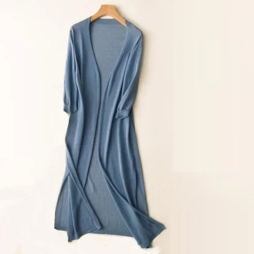 Soft fabric women's long open front cardigan, essential layering piece for everyday fall fashion.