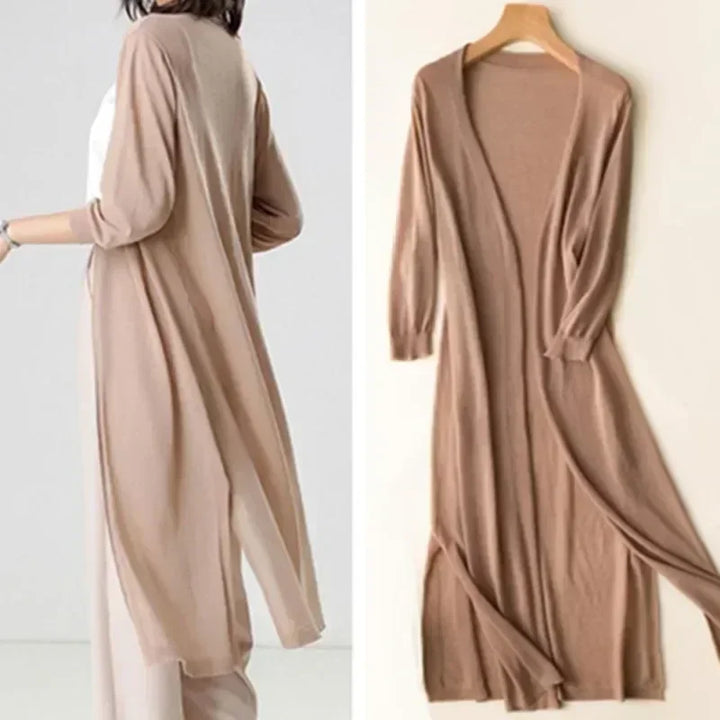 Elegant women's long cardigan, open front style, ideal layering for versatile all-season fashion.
