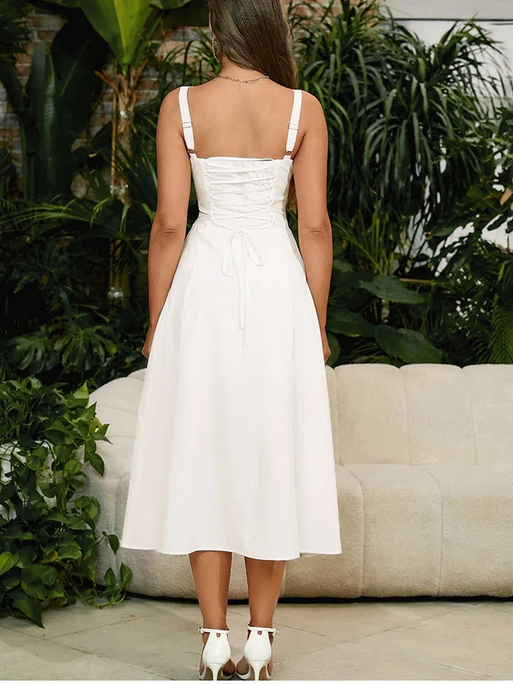 Sleeveless A-line midi dress for women featuring an elegant corset bodice & stylish lace-up back detail.