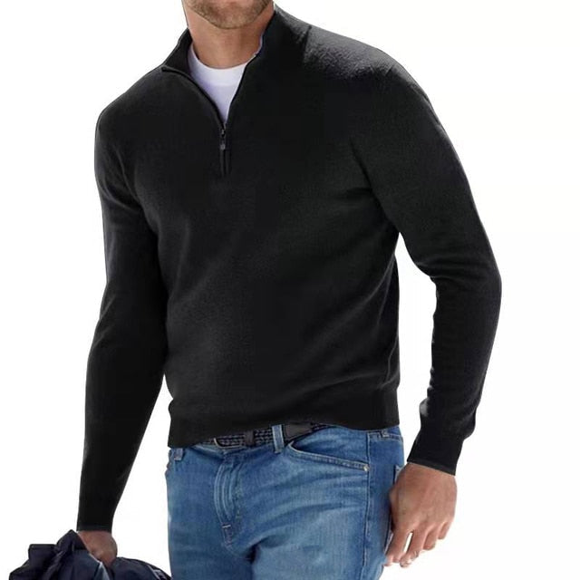 Comfortable men's quarter-zip pullover sweater with a mock neck, ideal for everyday and winter layering.
