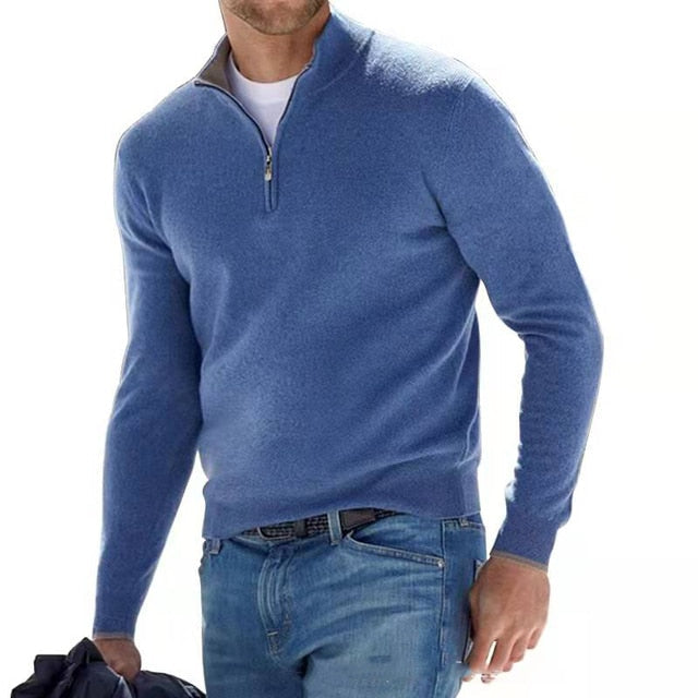 Close-up of the quarter-zip and mock neck on a men's comfortable long sleeve sweater, showing texture.