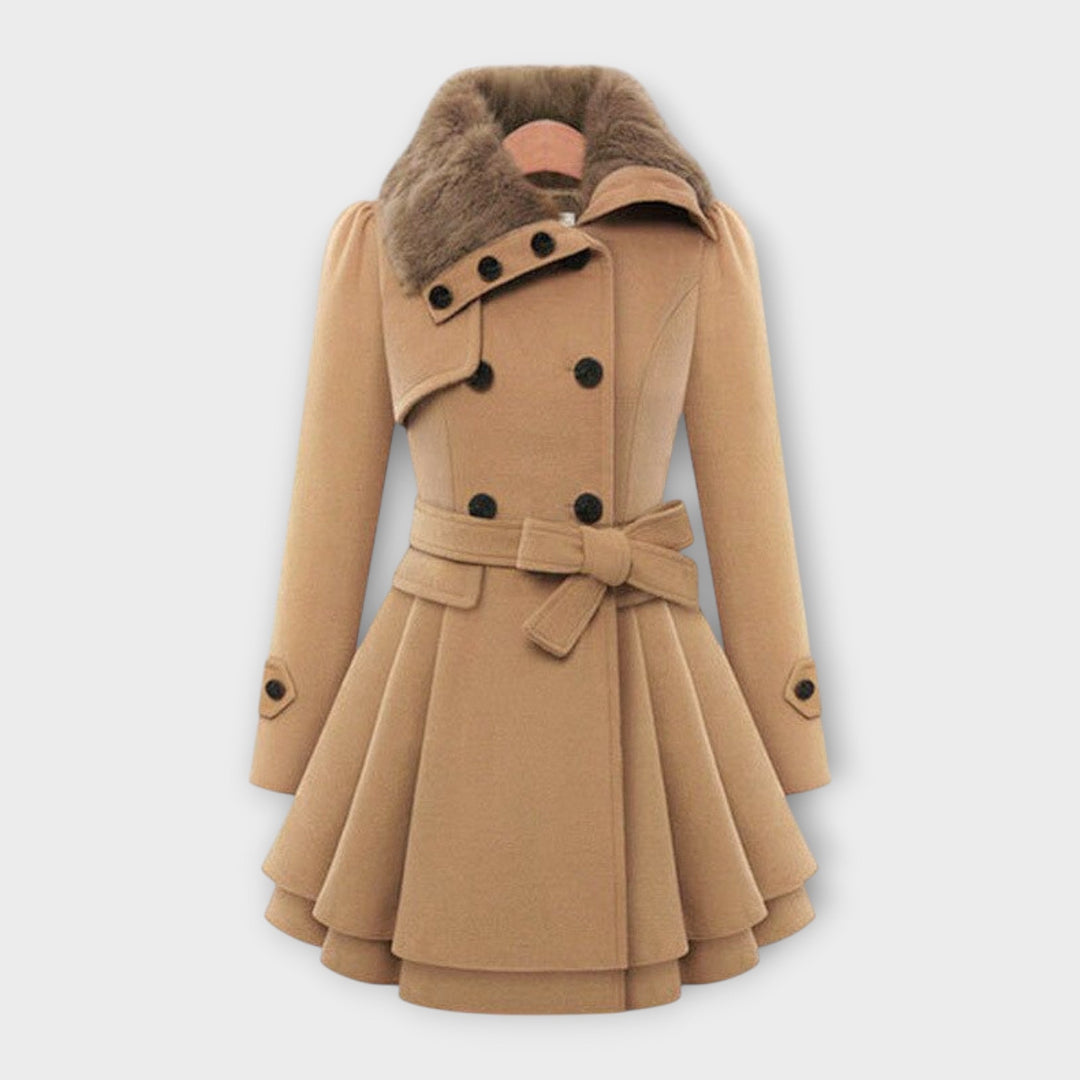 Elegant women's double-breasted winter coat with plush faux fur collar. Long, tailored fit, perfect for chic fall outerwear.