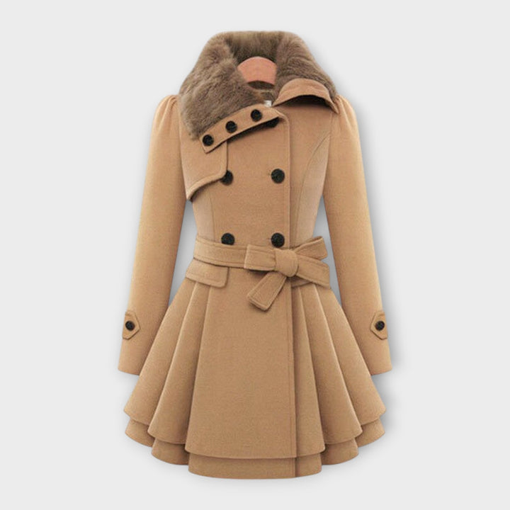 Elegant women's double-breasted winter coat with plush faux fur collar. Long, tailored fit, perfect for chic fall outerwear.