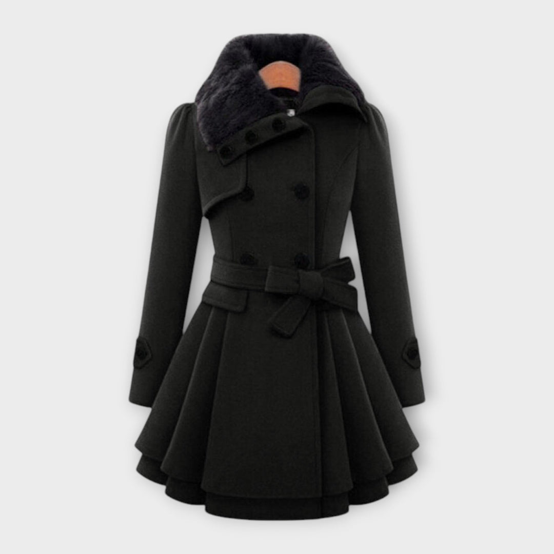 Elegant women's double-breasted long winter coat with a soft faux fur collar. Tailored fit for chic fall outerwear fashion.