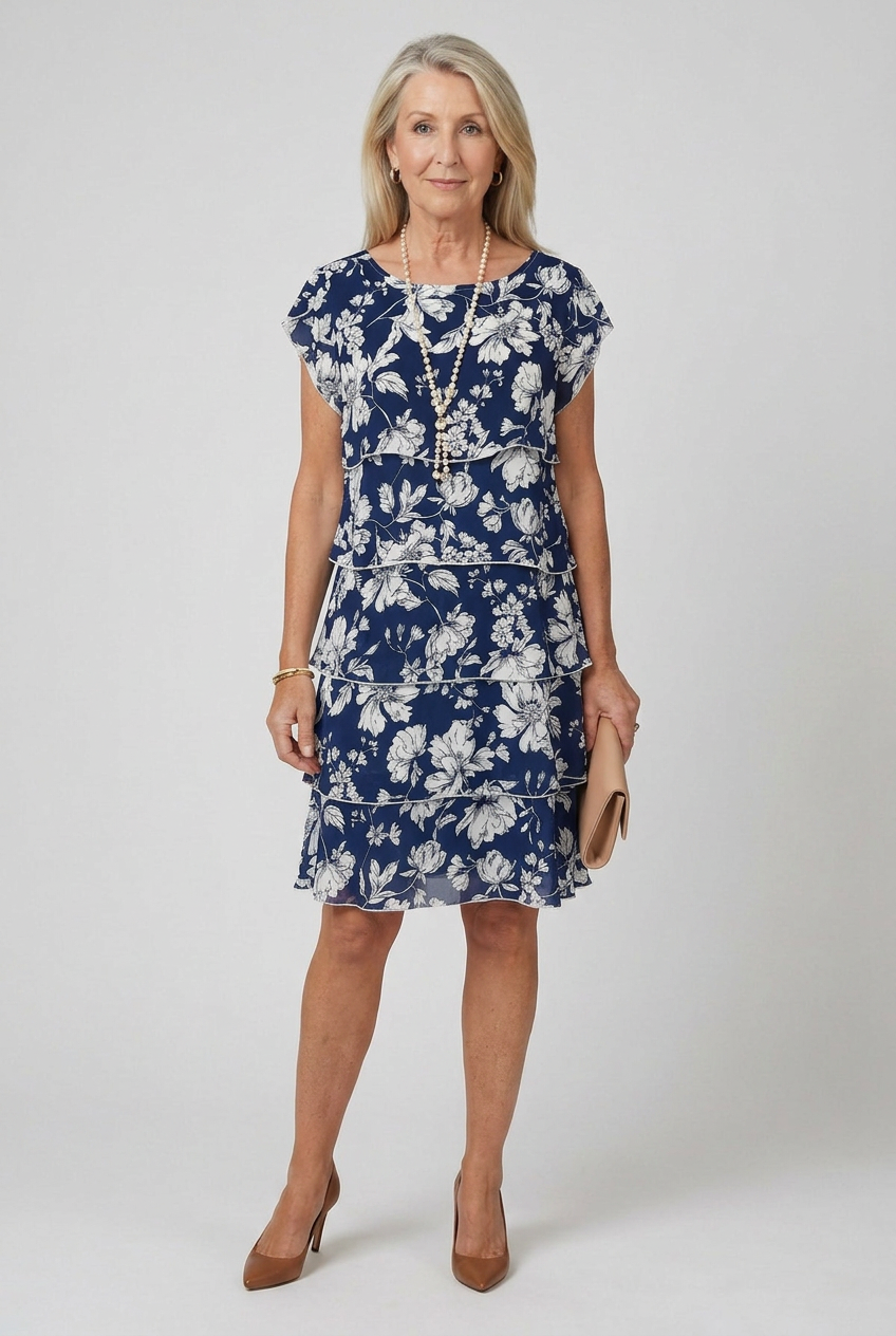 Women's Dusted Tier Knee Length Dress, a comfortable and relaxed fit summer dress perfect for everyday wear.