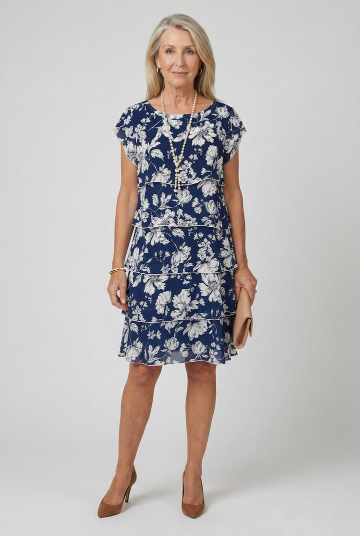 Women's Dusted Tier Knee Length Dress, a comfortable and relaxed fit summer dress perfect for everyday wear.