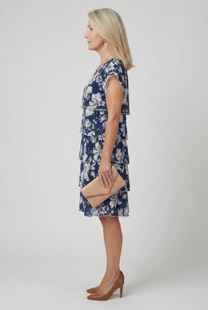 Comfortable knee length tiered dress for women, great for casual wear or an elegant summer day look.