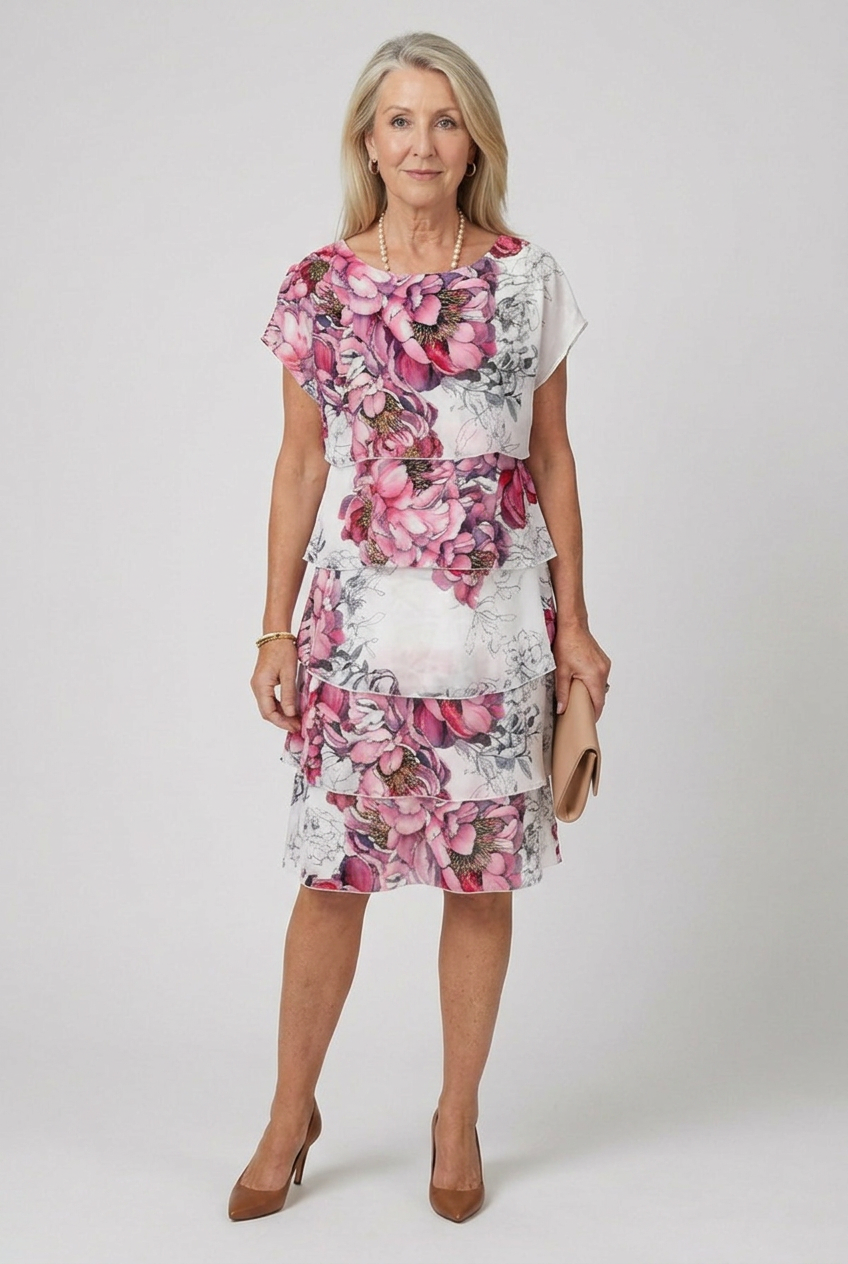 Versatile women's knee length tiered dress, perfect as a relaxed fit summer dress for any casual occasion.